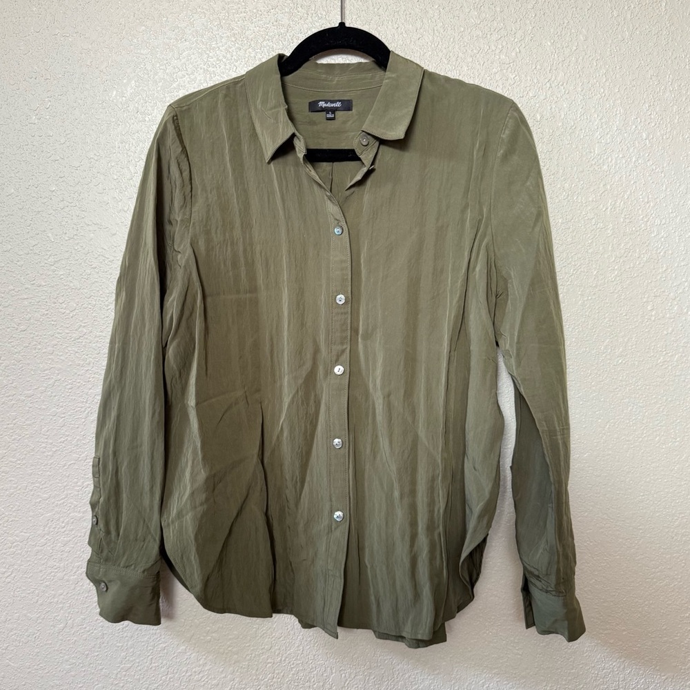 Madewell Olive Green Crinkled Button Down Shirt Size Large